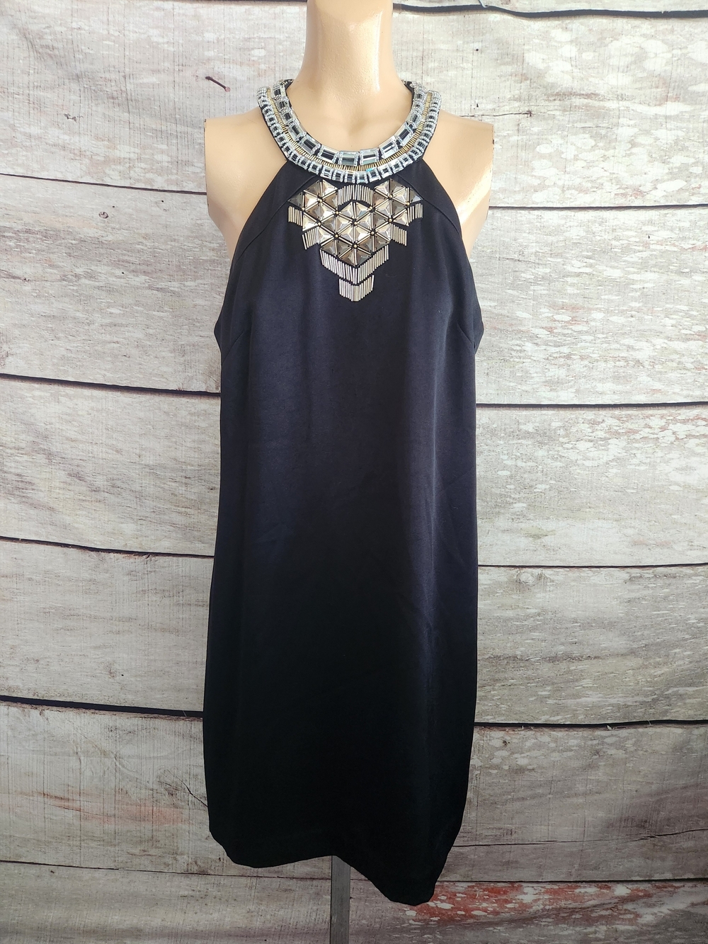 bebe Black Halter Mini Dress with Silver Geometric Neckline